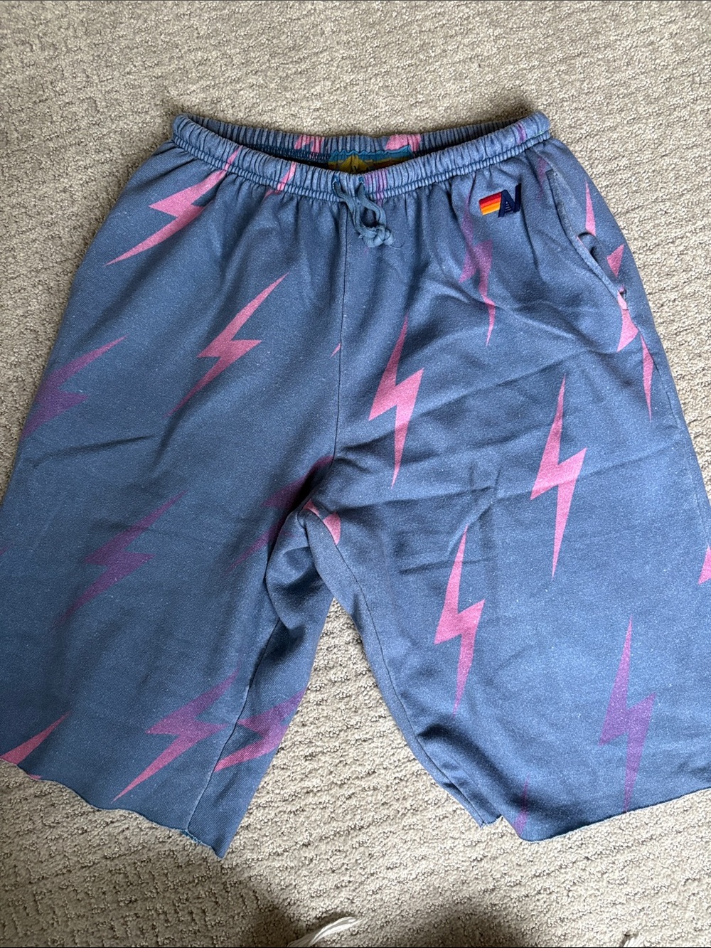 Aviator Nation Blue Shorts with Pink Lightning Print
